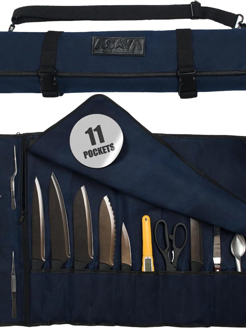 Waxed Canvas Chef Knife Roll Bag with 10 Slots and a Zipper Pocket - Professiona
